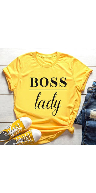Stylish and confident women's casual t-shirt with "BOSS lady" text in black and yellow color on a white background.