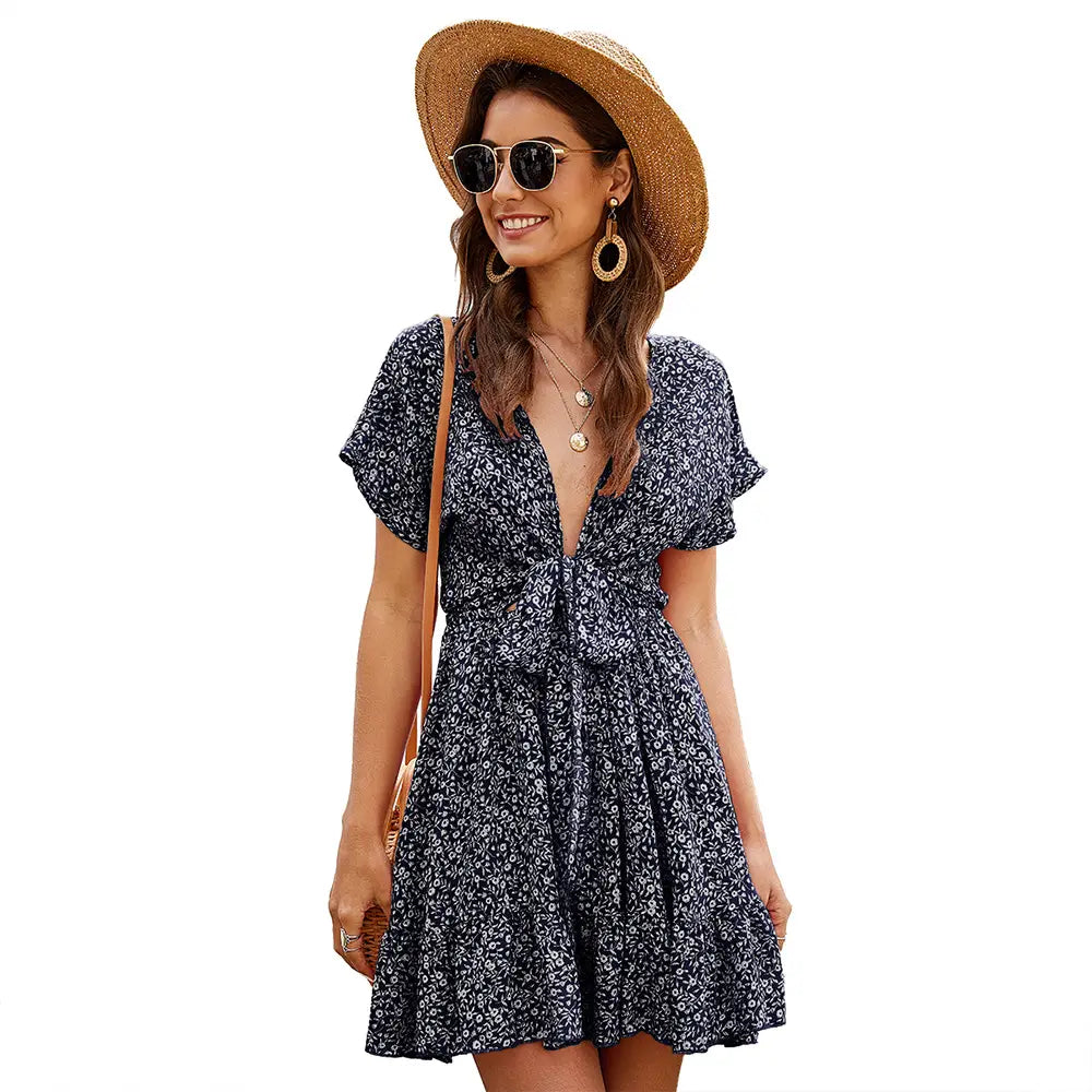 Deep V Ruffled Floral Spring Dress Women's European And American Women's Clothing