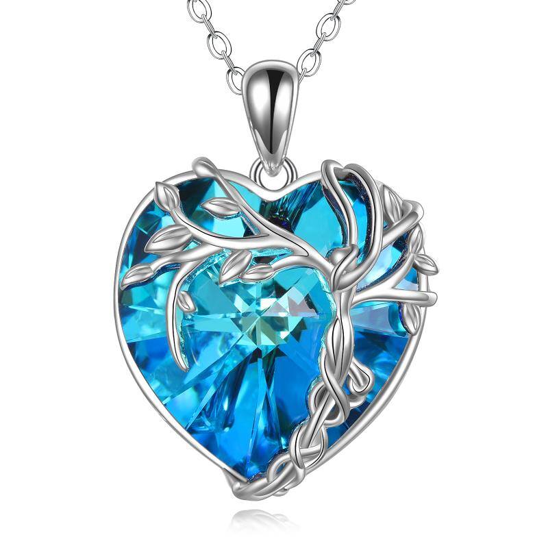 Tree of Life Necklace Sterling Silver Blue Crystal Heart