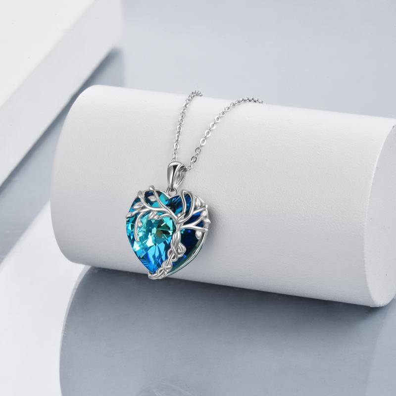 Tree of Life Necklace Sterling Silver Blue Crystal Heart