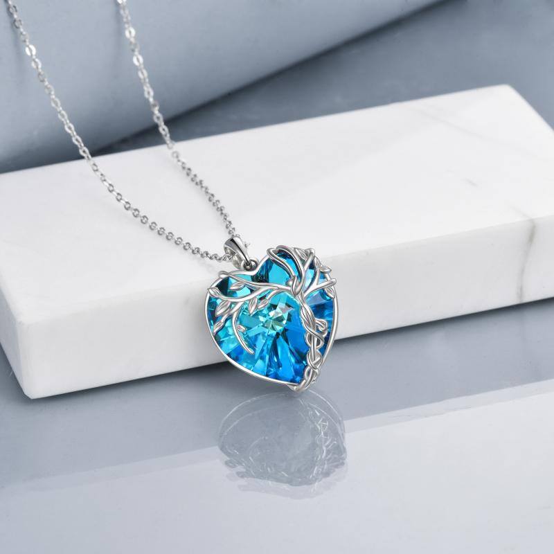 Tree of Life Necklace Sterling Silver Blue Crystal Heart