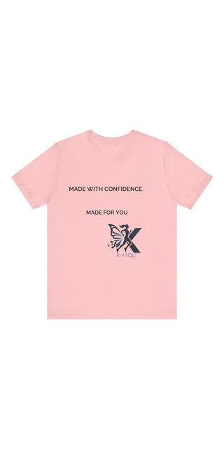 Unisex light pink t-shirt with text "Made with Confidence, Made for You" and a butterfly graphic print