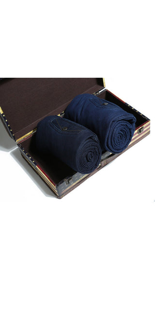 Stylish navy socks in wooden box, high-quality casual wear accessories, essential men's everyday fashion.