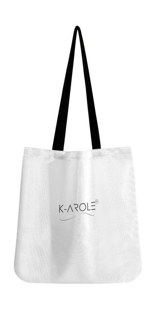 Stylish white tote bag with black strap and K-AROLE logo, showcasing a modern and minimalist design suitable for versatile use.