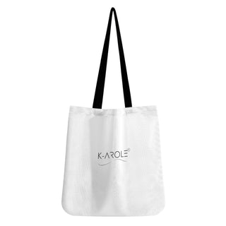 Stylish white tote bag with black handles featuring the K-AROLE brand logo, a trendy women's fashion and sneaker store.