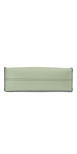 Elegant sage green leather handbag with sleek, minimalist design showcased in the product image.