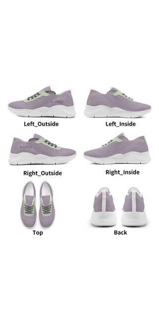 Stylish women's mesh gymnastics chunky sneakers from the K-AROLE fashion brand. The sneakers feature a sleek, modern design with a grey and white color scheme. The various angles showcase the different views of the sneakers, including the top, right outside, right inside, left outside, left inside, and back perspectives.