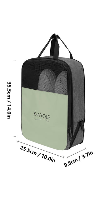 Stylish women's running shoes with lace-up front from the K-AROLE fashion brand, showcased in a functional and trendy grey and mint green backpack.