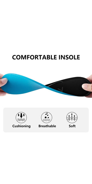 Comfortable blue and black sneaker insoles with text highlighting features like cushioning, breathability, and softness.