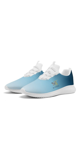 Modern white and blue lace-up sneakers with a stylized graphic on the side. Casual, comfortable women's running shoes from the popcustoms brand, showcased against a plain white background.