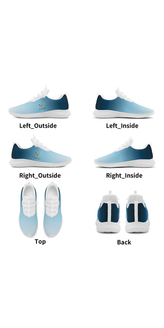 Stylish women's running shoes with lace-up front design. Available in multiple color combinations featuring light blue and navy blue accents. Product details visible from various angles, including top, back, and interior and exterior views.