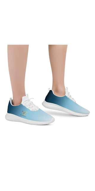 Stylish women's running shoes with a lace-up front design in a trendy blue and white color scheme. The shoes feature a lightweight and comfortable construction suitable for an active, sporty lifestyle.