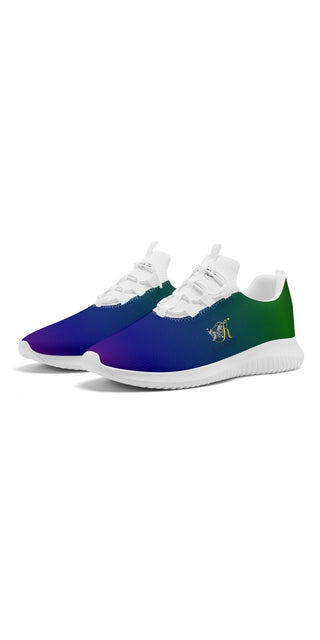 Stylish women's running shoes with a colorful gradient design in blue, purple, and green. The sneakers feature a comfortable, lace-up front for a secure fit. Suitable for active lifestyles and casual wear.