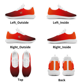 Front running shoes in vivid red and orange colors. The image shows multiple views of the shoe, including the left outside, left inside, right outside, right inside, top, and back. The sneakers feature a clean, minimalist design with a bold color palette, creating a stylish and sporty appearance.