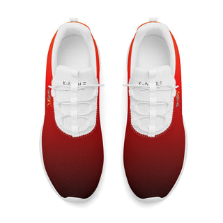 Stylish red and white front running shoes with lace-up design, displayed on a white background.