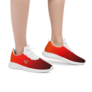 Stylish red and white athletic sneakers with a modern, sleek design featured prominently in the image. The shoes have a sporty, breathable mesh upper and a flexible, cushioned sole, making them ideal for active wear and athleisure.
