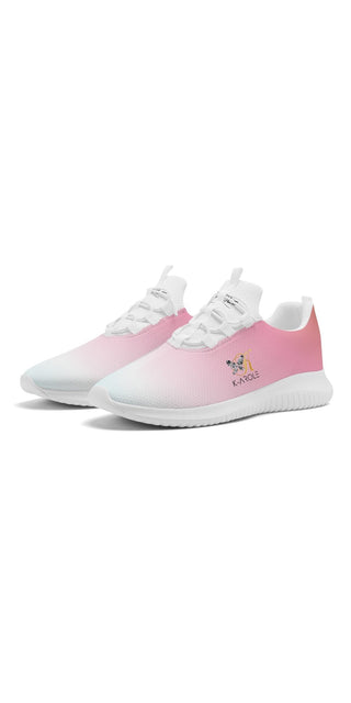 Stylish women's pink and white lace-up sneakers with a subtle butterfly design on the side, suitable for athleisure or casual wear.