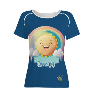 Women's K-AROLE T-shirt with "Choose Joy" design featuring a smiling sun and rainbow on a blue background.