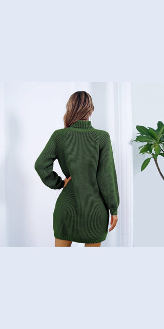 Stylish beltless sweater dress in a vibrant green color, showcased against a plain white background with a potted plant in the corner.