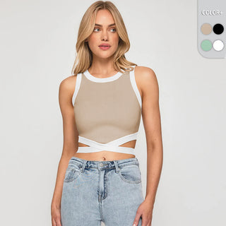 Short Cropped Cropped Tied Top Contrast Color Shirt