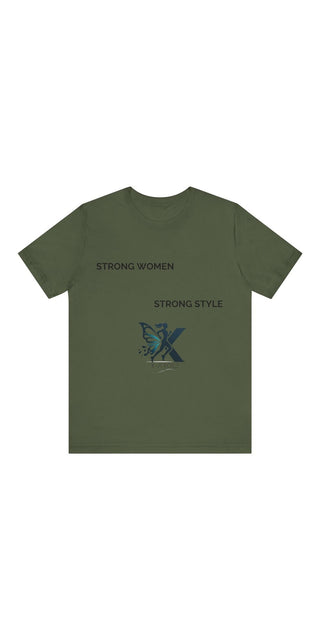 Casual green t-shirt with "Strong Women, Strong Style" text and a stylized graphic design
