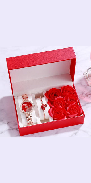 Elegant Valentine's Day gift set: red rose bouquet, wristwatch, and pendant in a stylish red box - a thoughtful combination for the modern woman from K-AROLE.