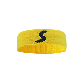 Bright yellow fitness headband with a black snake logo design against a plain white background.