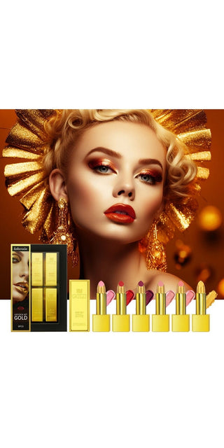 Glamorous makeup palette with golden accents, featuring a beautiful woman with bold red lips and curled blonde hair against an orange background.