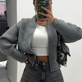 Gray Loose Fit Zipper Knitted Jacket Sweater for Urban