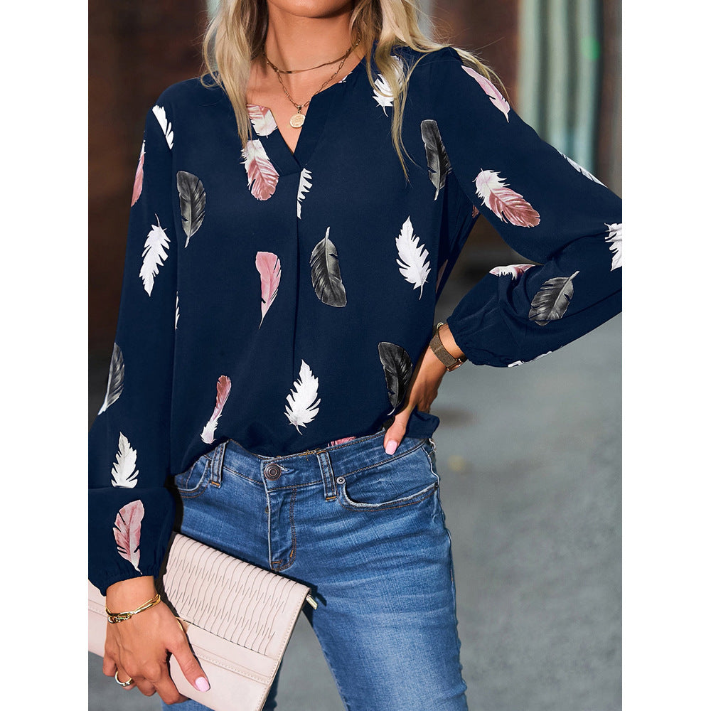 Feather Print Polo Shirt Long Lantern Sleeve Turndown Collar