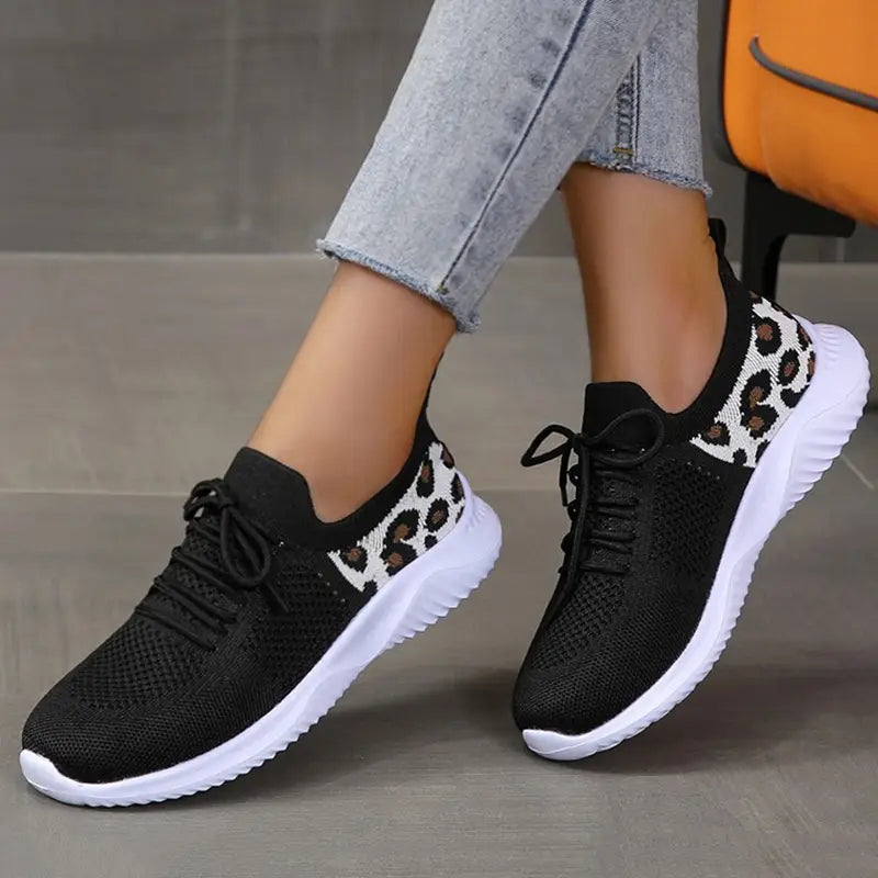 White Shoes Women Leopard Print Lace-up Sneakers Sports