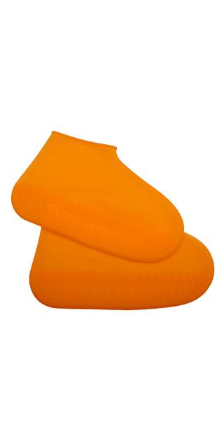 Silicone waterproof rain boot covers in vibrant orange color. Thickened, non-slip, and wear-resistant sole design provides enhanced protection and traction.