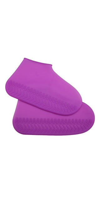 Vibrant purple silicone waterproof rain boot covers with a thickened, non-slip, wear-resistant sole design to protect shoes from wet weather.