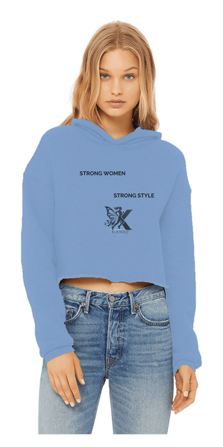 Stylish cropped ladies' hoodie with graphic text design on a white backdrop