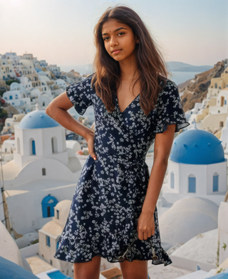 Elegant floral print dress with ruffle details, complemented by the picturesque backdrop of the iconic white-domed buildings in Santorini, Greece.