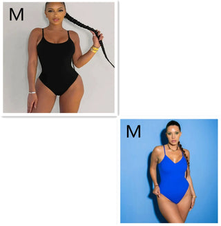 Solid color backless string bikini: Stylish, fitted black and blue swimsuits shown on a model with braided hair, featuring a minimalist design for summer fashion.
