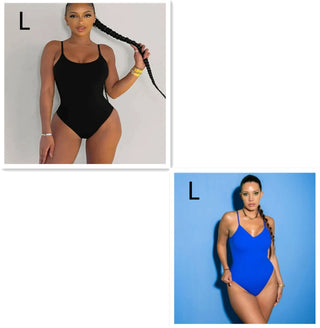 Sleek and stylish black and blue swimsuits modeled against a plain background, showcasing the flattering designs and trendy styles.
