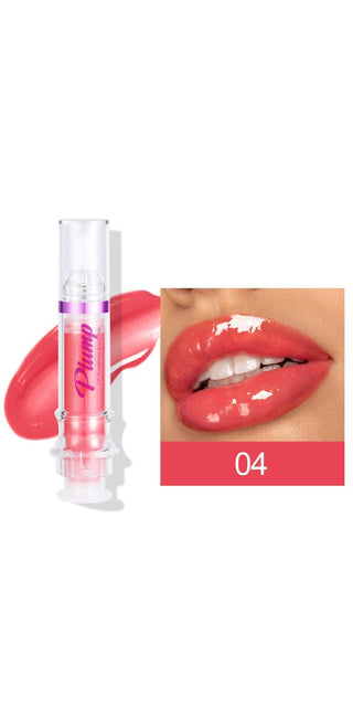 Glossy coral-colored liquid lipstick with mirror-like finish in tube container