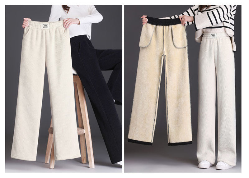 Winter Wide-leg Fleece Trousers For Women Warm Straight-leg