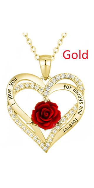 Elegant gold heart necklace with sparkling crystals and a beautiful red rose, a stunning accessory for any fashionable woman.