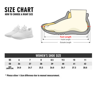 White athletic sneakers with a size chart for women's shoe sizes