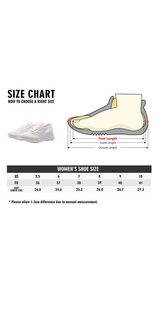 Chunky white mesh sneakers showcased on a product size chart for women's shoe sizes. The image provides detailed measurements and sizing information to help customers find the perfect fit for these trendy, sporty shoes from the K-AROLE fashion brand.
