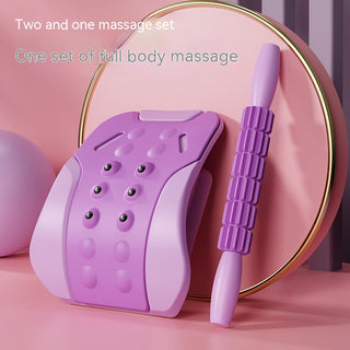 Two and one massage set. One set of full body massage device in a stylish purple color, including a patterned massage roller and handheld massager, displayed on a pink background with golden accents.