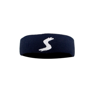 Navy blue fitness headband with a white letter "S" logo, designed for sport and exercise activities.