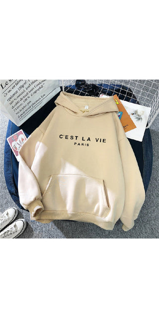 Loose Hooded Cream Sweater with Letter Print and Sports Styling