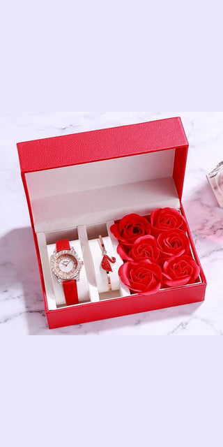 Elegant women's fashion accessories: red rose bouquet, wrist watch, and jewelry box presented in chic red packaging for Valentine's Day gifts.