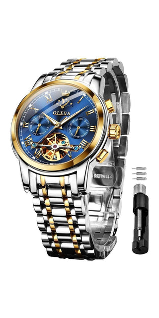 Luxury mechanical self-winding watch with moon phase, day and date features. Stainless steel and gold-tone body with skeleton dial design. Stylish business and dress accessory for men.