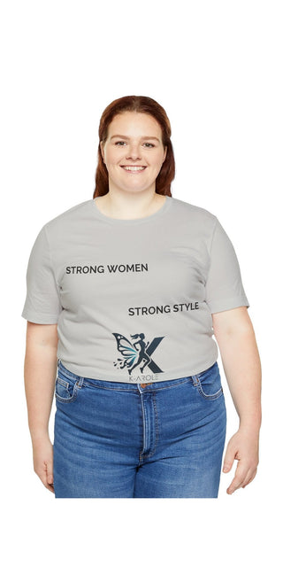 Casual t-shirt with "Strong Women, Strong Style" text on a woman with long brown hair