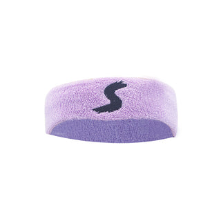 Soft, plush lavender fitness headband with black logo design, suitable for athletic activities and workouts.