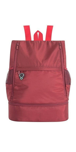 Stylish red backpack with innovative organization design, ideal for sports and travel activities. The backpack features multiple pockets and compartments for convenient storage and easy access to your belongings.
